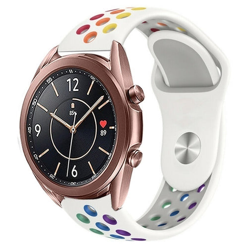 Silicone Sport Strap, white/colourful, on a watch, 3/4 front view