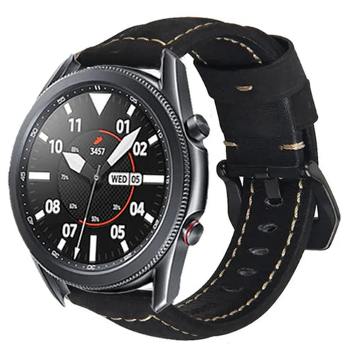 Leather Strap, black, on a watch, 3/4 front view