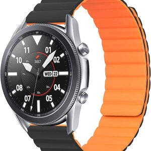 Magnetic Silicone Strap, black/orange, on a watch, 3/4 front view