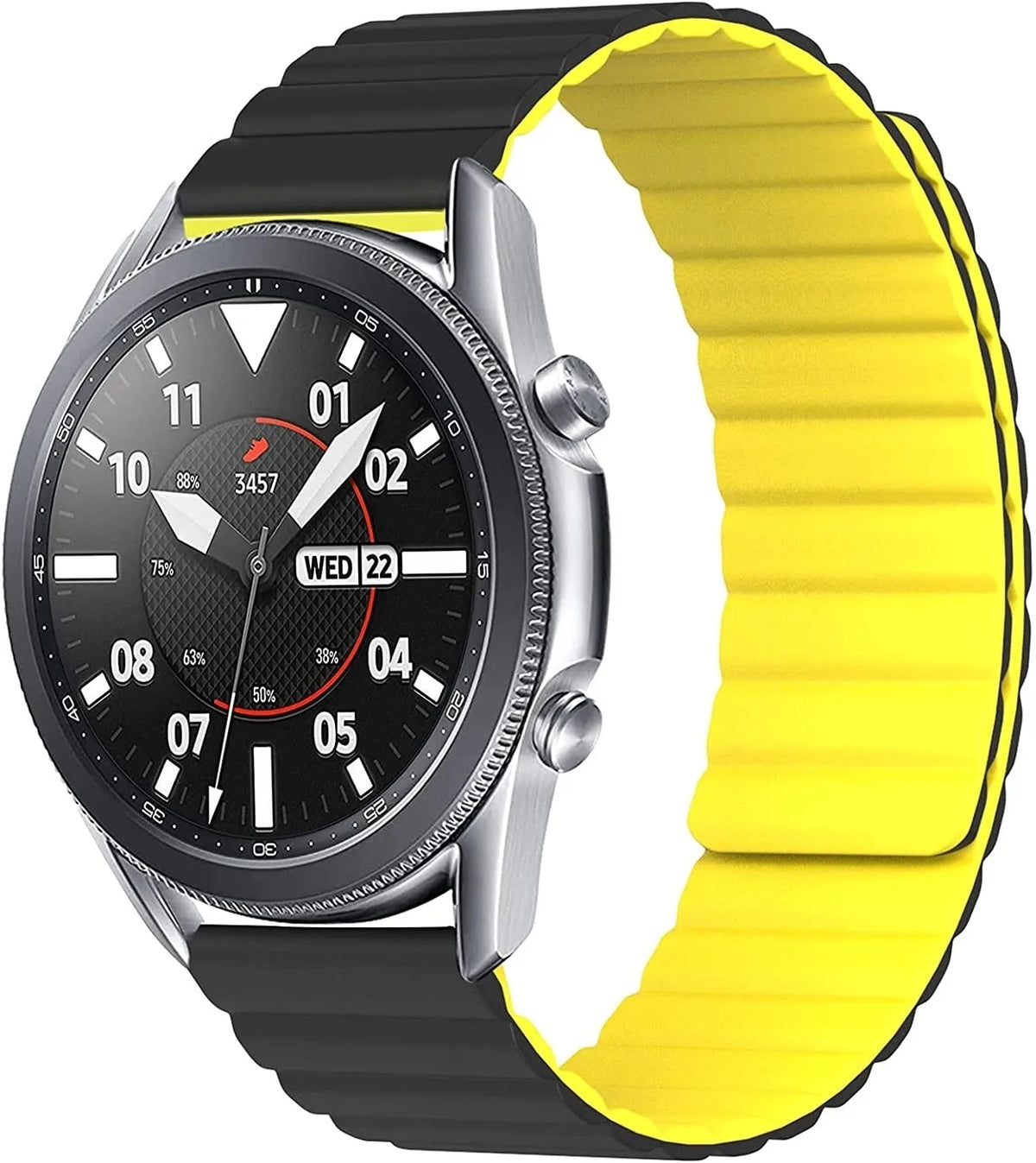 Magnetic Silicone Strap, black/yellow, on a watch, 3/4 front view