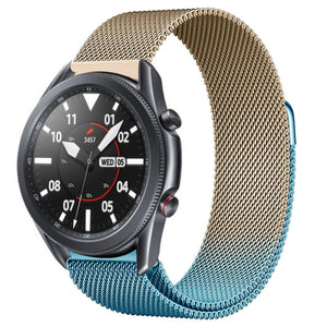 Milanese Strap, blue/gold, on a watch, 3/4 front view