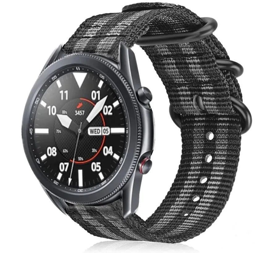 Nylon Buckle Strap, black/grey, on a watch, 3/4 front view