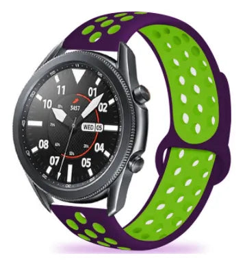 Silicone Sport Strap, purple/green, on a watch, 3/4 front view