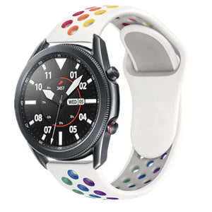 Silicone Sport Strap, white/colourful, on a watch, 3/4 front view