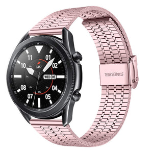 Fine Steel Strap, pink, on a watch, 3/4 front view