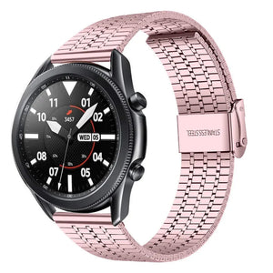 Fine Steel Strap, pink, on a watch, 3/4 front view