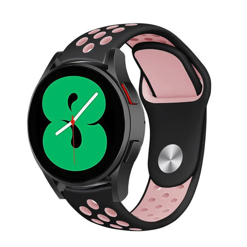 Silicone Sport Strap, black/pink, on a watch, 3/4 front view
