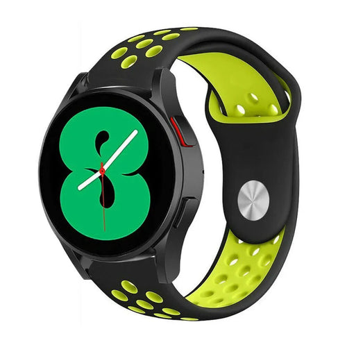 Silicone Sport Strap, black/yellow, on a watch, 3/4 front view