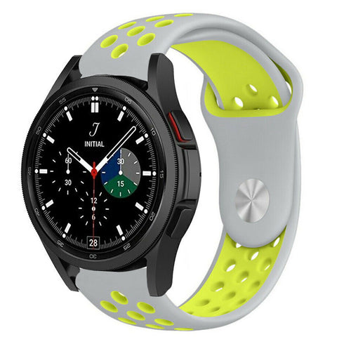 Silicone Sport Strap, grey/yellow, on a watch, 3/4 front view