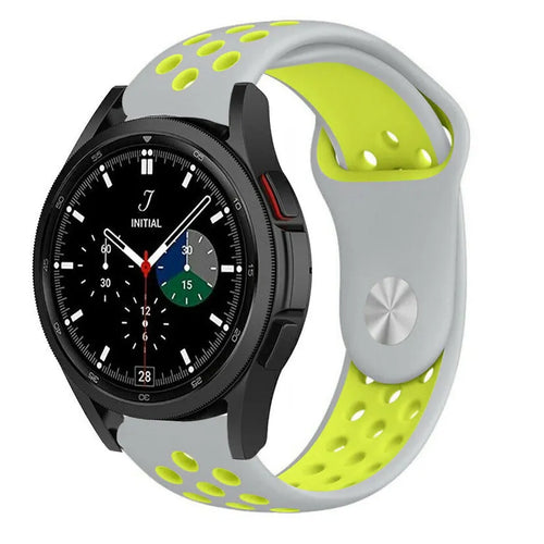Silicone Sport Strap, grey/yellow, on a watch, 3/4 front view