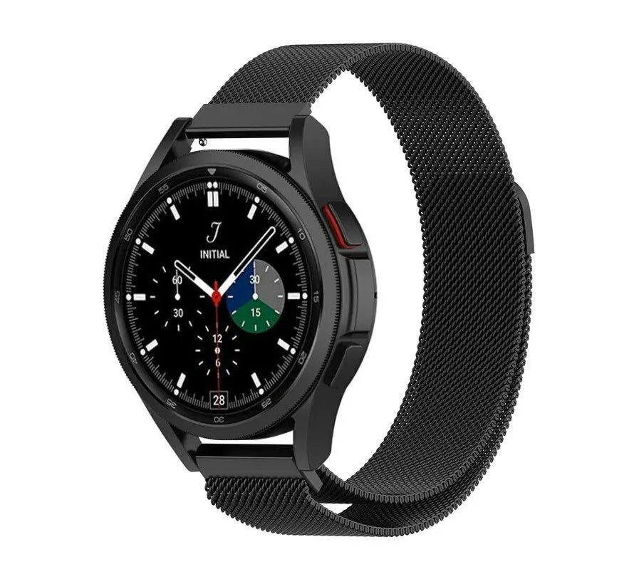 Milanese Strap, black, on a watch, 3/4 front view
