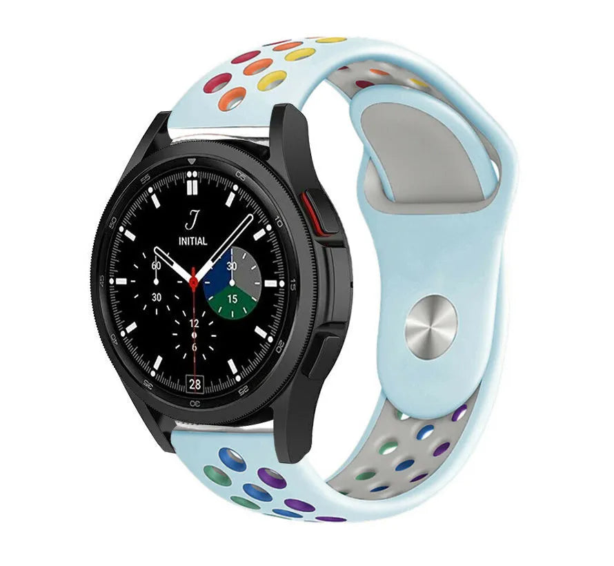 Silicone Sport Strap, light blue/colourful, on a watch, 3/4 front view