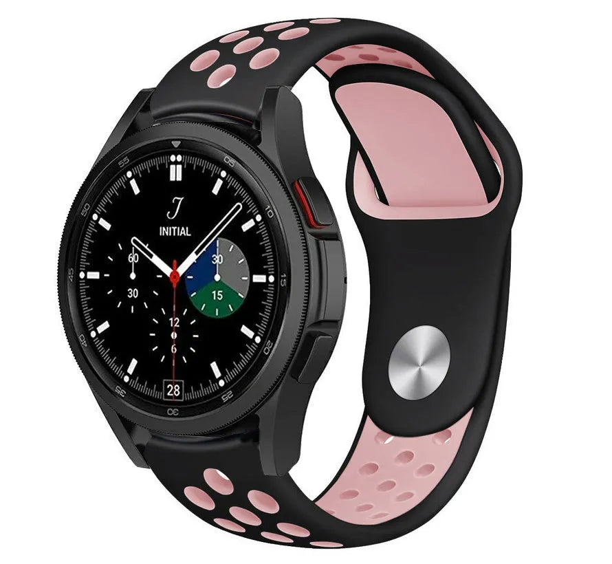 Silicone Sport Strap, black/pink, on a watch, 3/4 front view