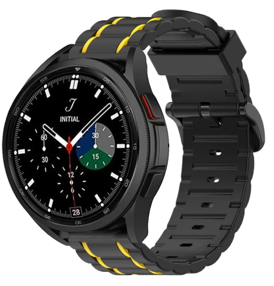 Silicone Strap 'Tough', black/yellow, on a watch, 3/4 front view
