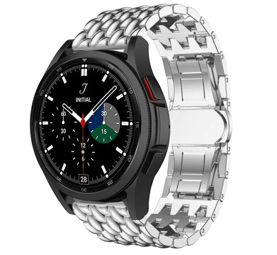 Steel Dragon Strap, silver, on a watch, 3/4 front view