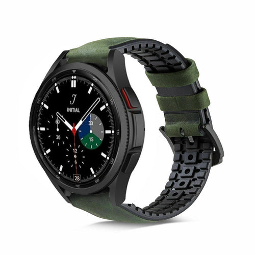 Leather Hybrid Strap, green, on a watch, 3/4 front view