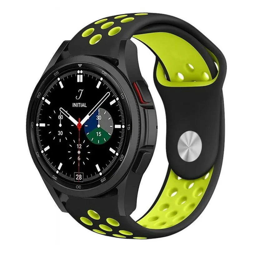 Silicone Sport Strap, black/yellow, on a watch, 3/4 front view