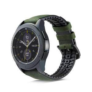 Leather Hybrid Strap, green, on a watch, 3/4 front view