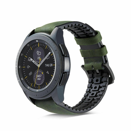 Leather Hybrid Strap, green, on a watch, 3/4 front view