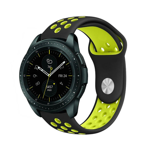 Silicone Sport Strap, black/yellow, on a watch, 3/4 front view