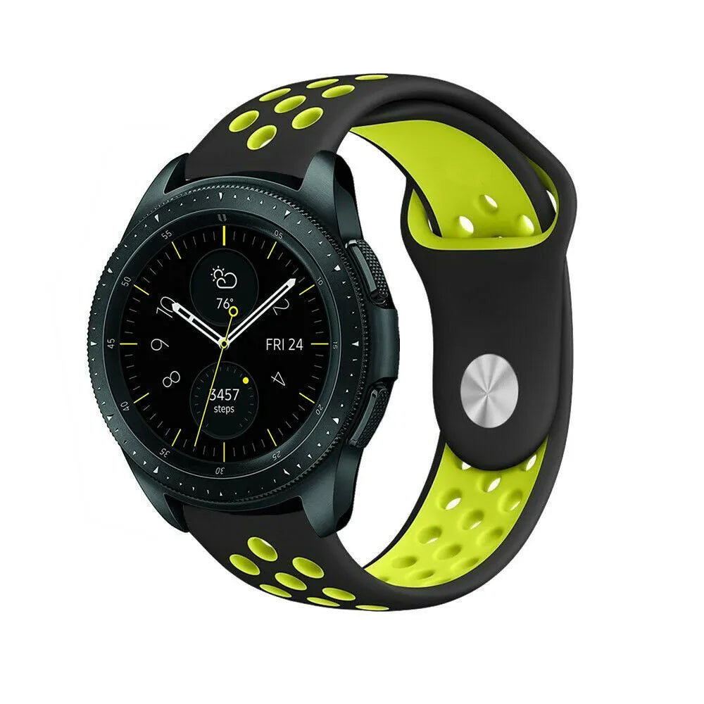 Silicone Sport Strap, black/yellow, on a watch, 3/4 front view
