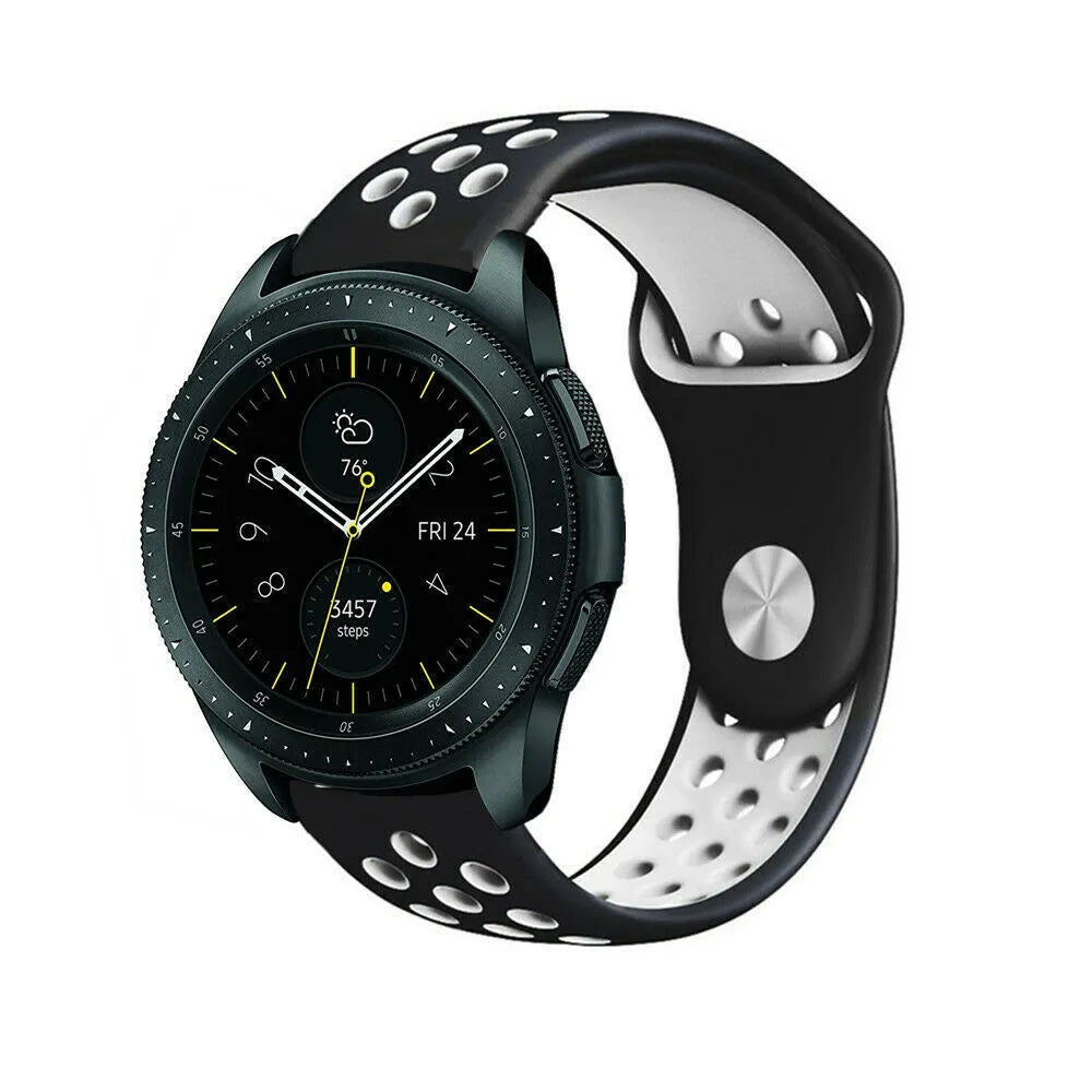Silicone Sport Strap, black/white, on a watch, 3/4 front view