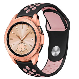 Silicone Sport Strap, black/pink, on a watch, 3/4 front view