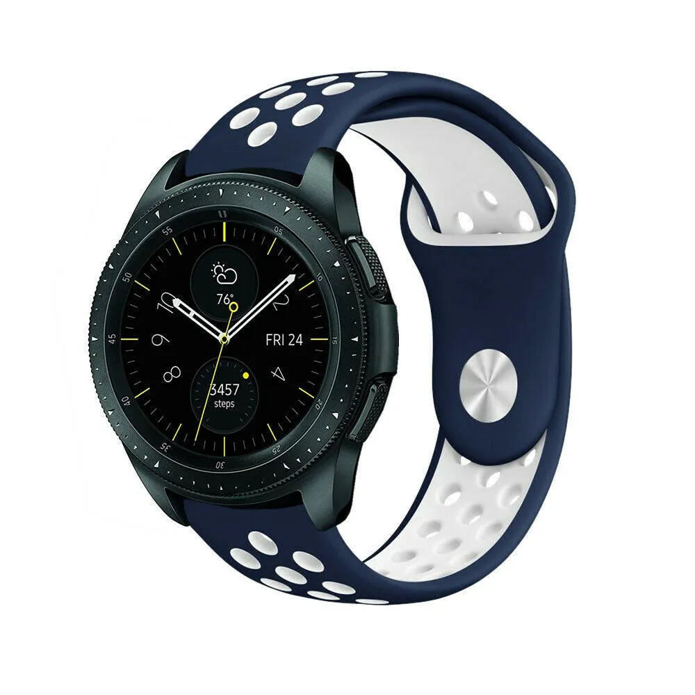 Silicone Sport Strap, blue/white, on a watch, 3/4 front view