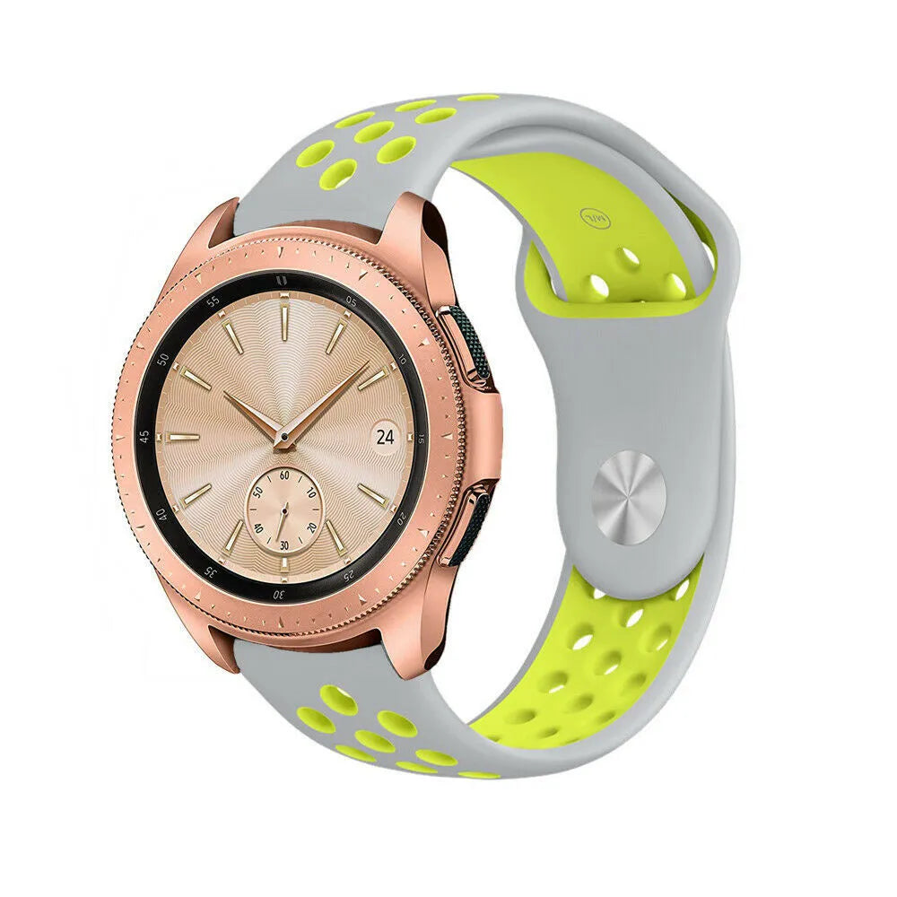 Silicone Sport Strap, grey/yellow, on a watch, 3/4 front view