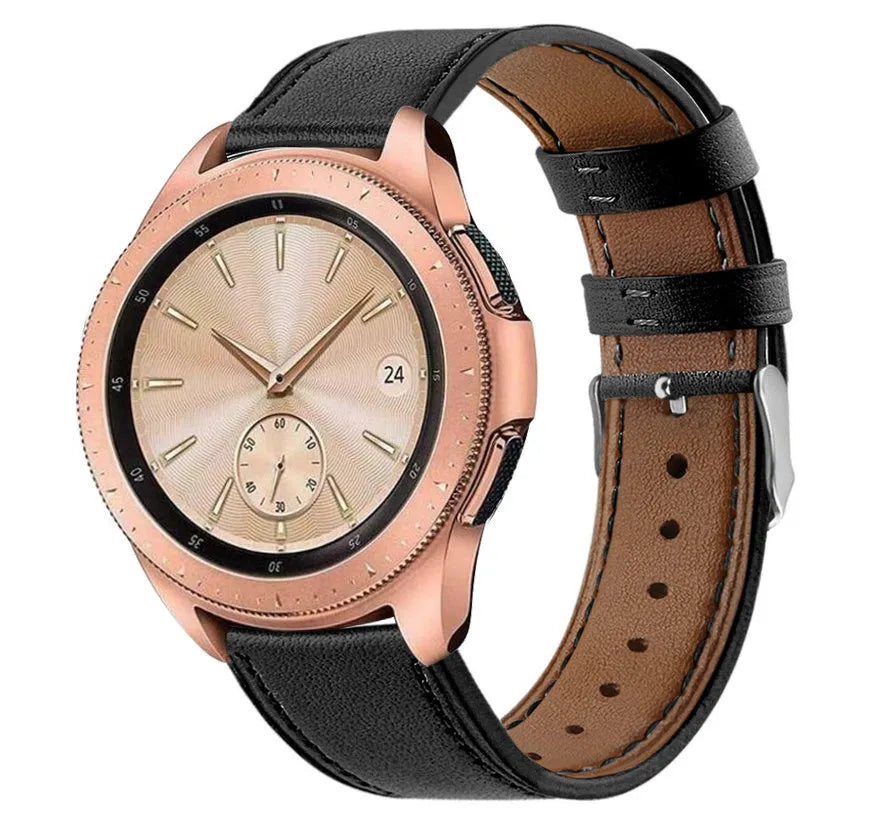 Modern Leather Strap, black, on a watch, 3/4 front view
