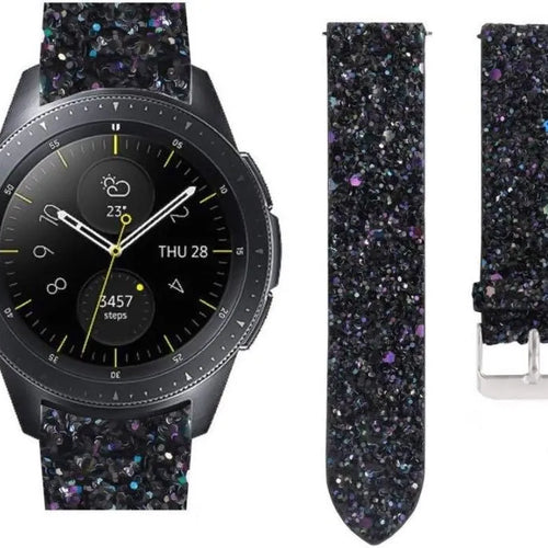 Leather Strap with Glitters, black, on a watch, 3/4 front view