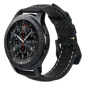 Leather Strap, black, on a watch, 3/4 front view