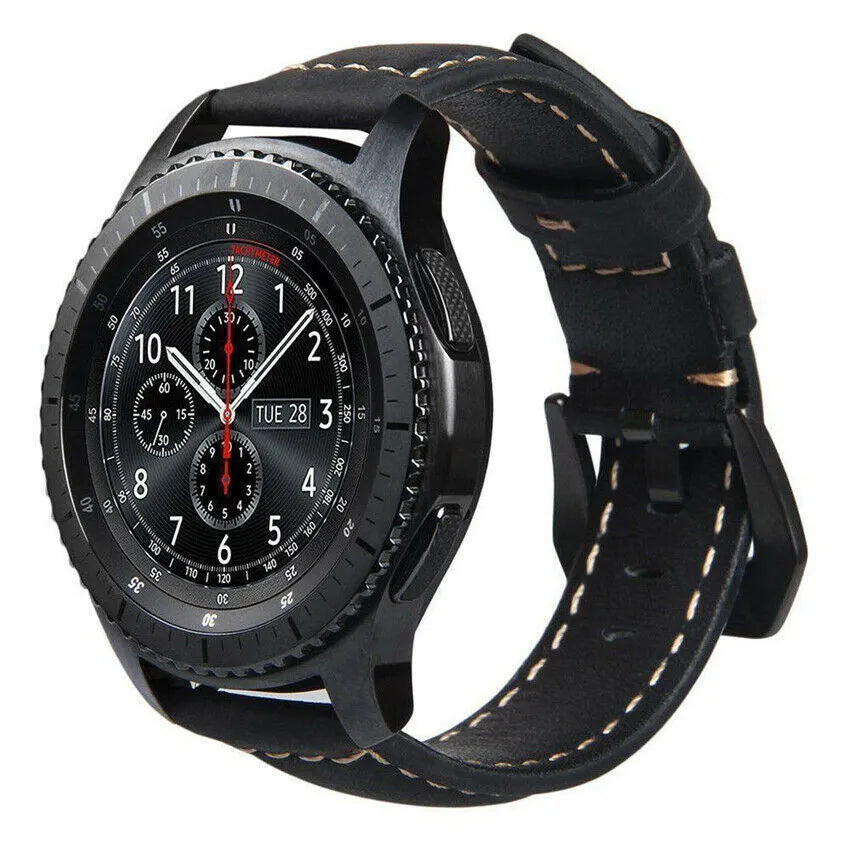 Leather Strap, black, on a watch, 3/4 front view