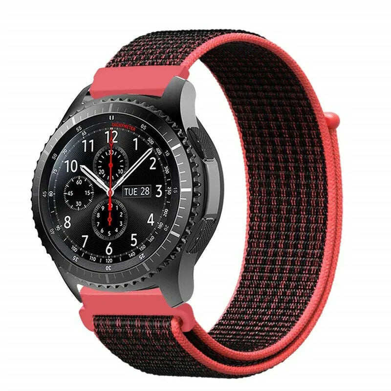 Nylon Strap, black/coral, on a watch, 3/4 front view