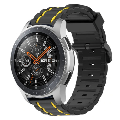 Silicone Sport Strap with Buckle, black/yellow, on a watch, 3/4 front view