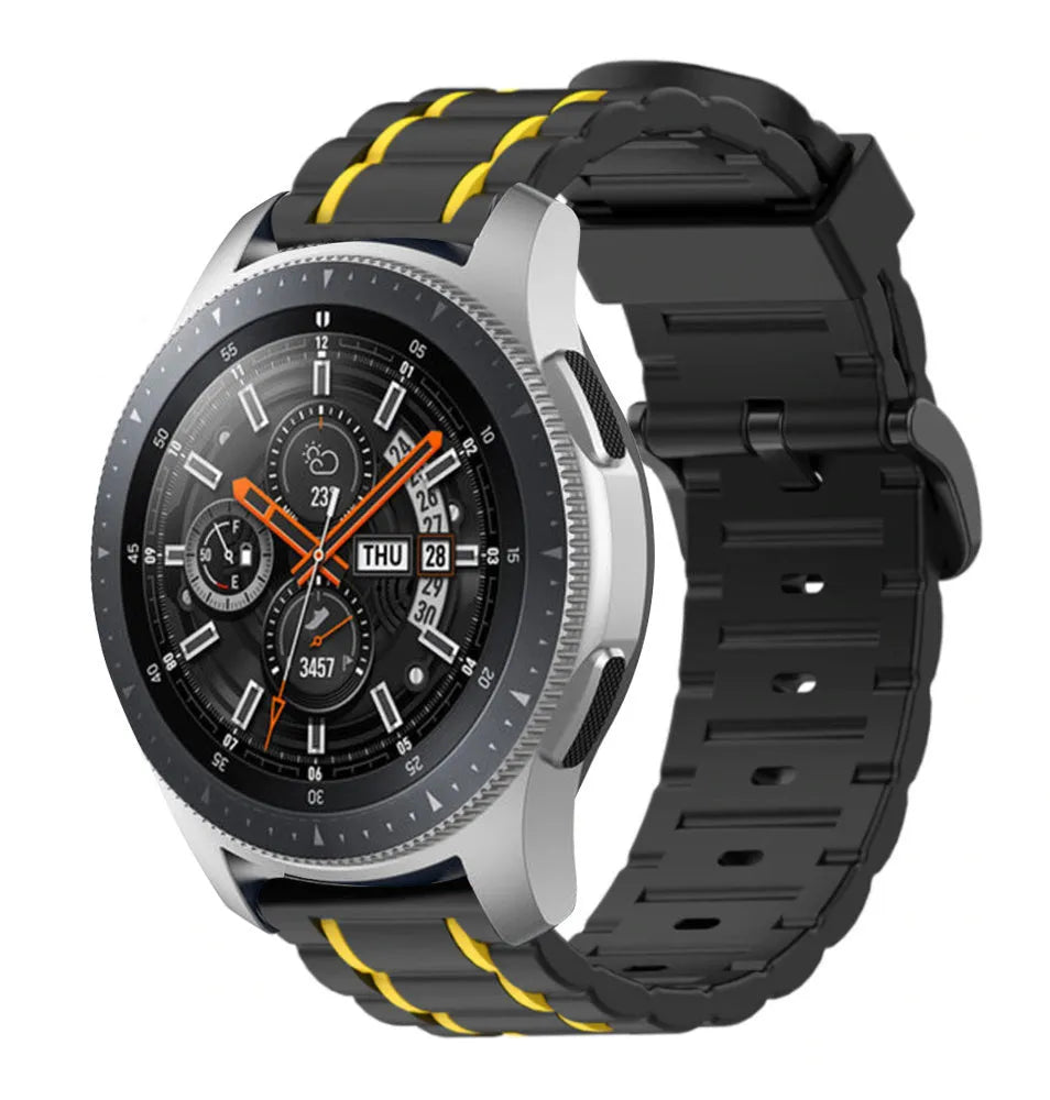 Silicone Sport Strap with Buckle, black/yellow, on a watch, 3/4 front view