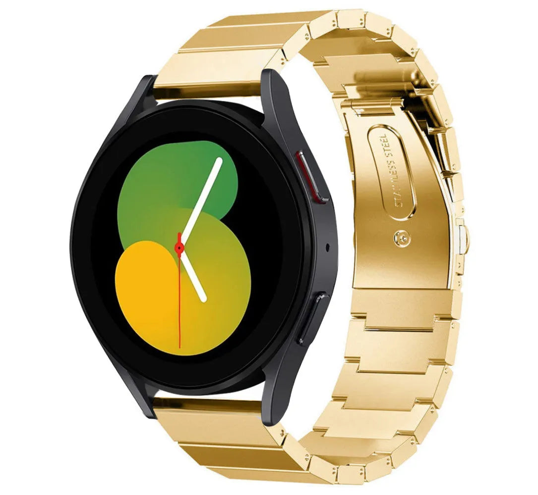 Premium Metal Strap, gold, on a watch, 3/4 front view