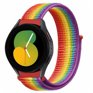 Nylon Strap, rainbow, on a watch, 3/4 front view
