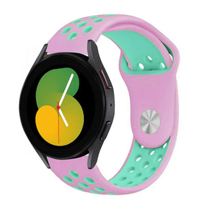 Silicone Sport Strap, pink/aqua, on a watch, 3/4 front view