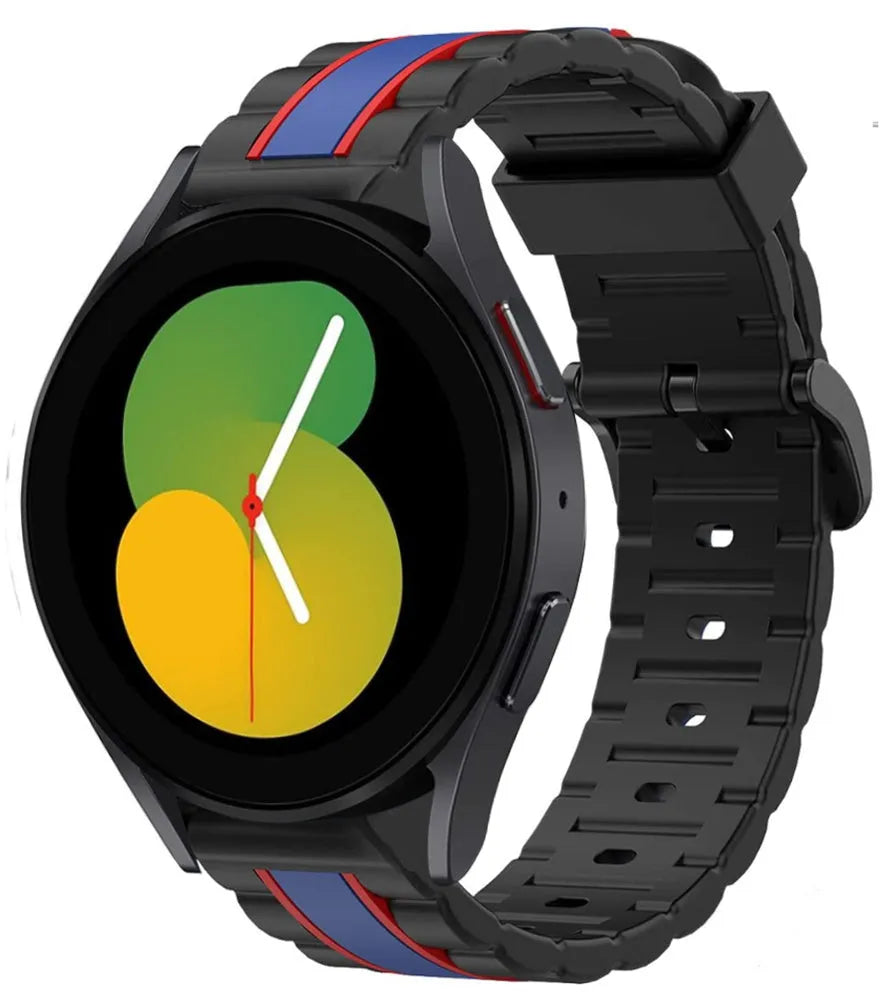 Silicone Special Edition Strap, black/blue, on a watch, 3/4 front view
