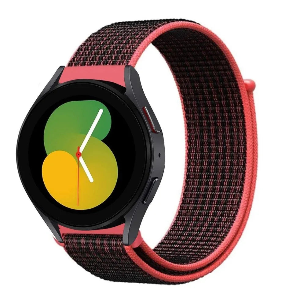 Nylon Strap, black/coral, on a watch, 3/4 front view