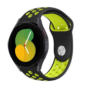 Silicone Sport Strap, black/yellow, on a watch, 3/4 front view
