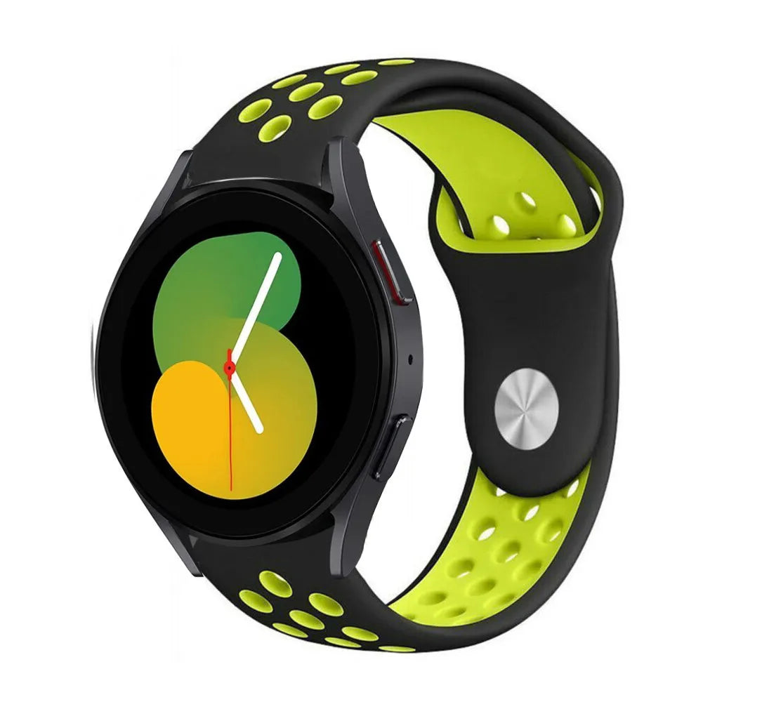 Silicone Sport Strap, black/yellow, on a watch, 3/4 front view