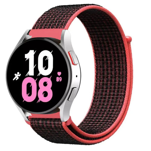 Nylon Strap, black/coral, on a watch, 3/4 front view