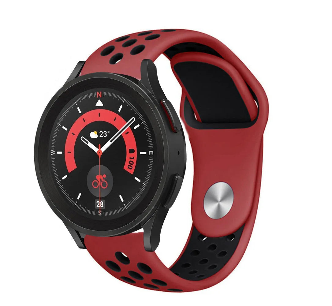 Silicone Sport Strap, red/black, on a watch, 3/4 front view