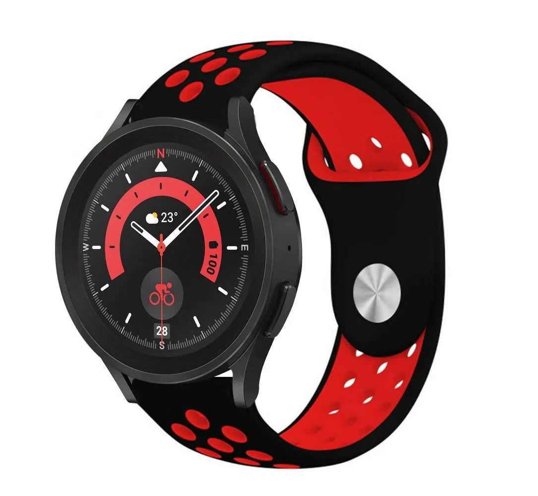Silicone Sport Strap, black/red, on a watch, 3/4 front view