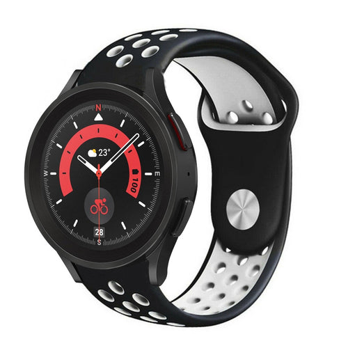 Silicone Sport Strap, black/white, on a watch, 3/4 front view