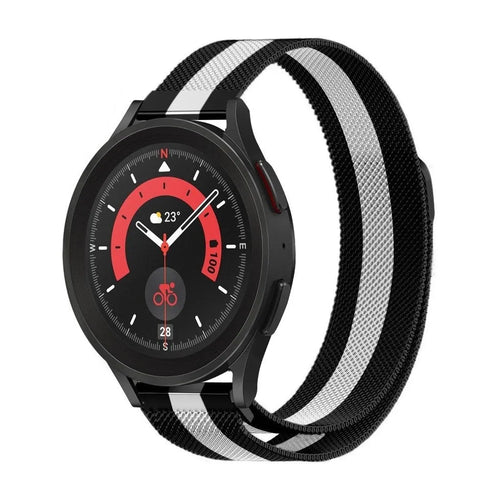 Milanese Strap, black/white, on a watch, 3/4 front view