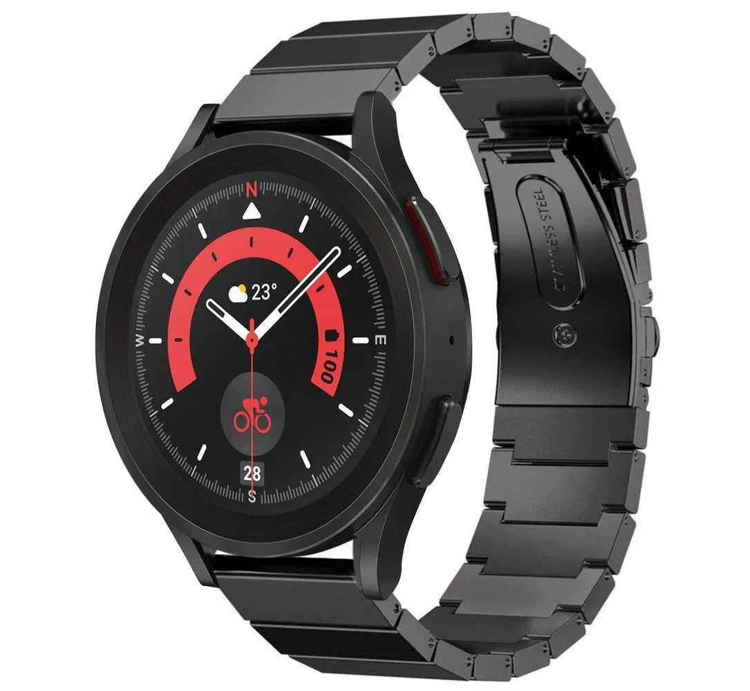 Premium Metal Strap, black, on a watch, 3/4 front view