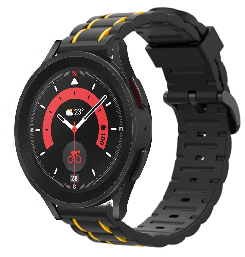 Silicone Strap 'Tough', black/yellow, on a watch, 3/4 front view